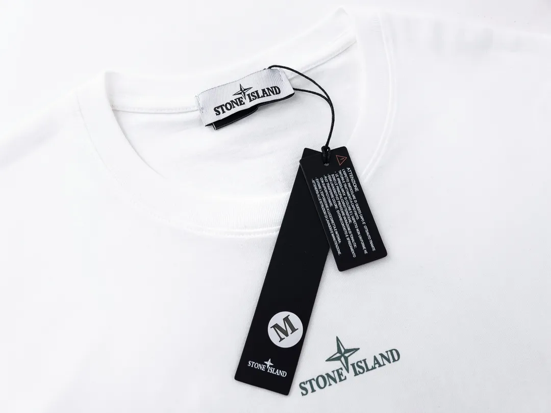 W609#P110💰 Stone Island compass big logo on the back logo printed short-sleeved men's and women's loose casual T-shirt Made of 260g combed cotton 32-count double yarn, double thread and two needles to press the thread, no deformation after long-term washing, imported 3D printing, no fading, no cracking, genuine pattern making, double tag wash, original packaging, color: black - white, size M - XXL